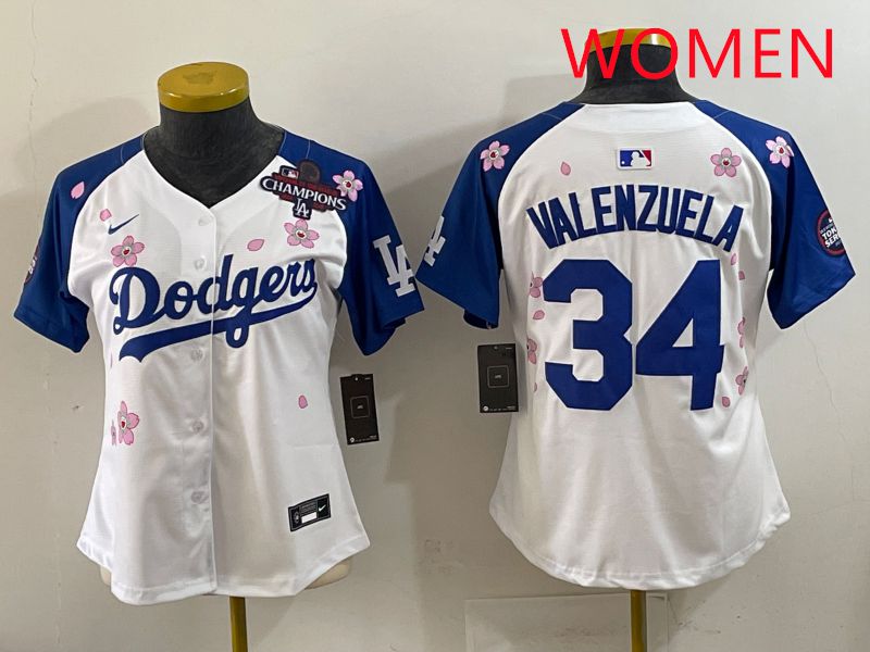Women Los Angeles Dodgers #34 Valenzuela White Blue Sakura Edition 2025 Nike MLB Jersey style 36->women mlb jersey->Women Jersey